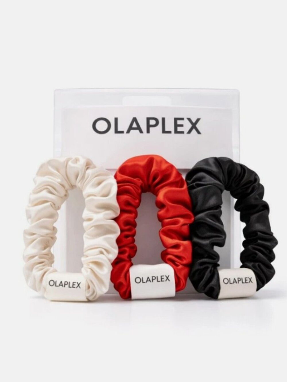 Olaplex Set of 3 Satin Scrunchies — Black, Red, Cream BRAND NEW
